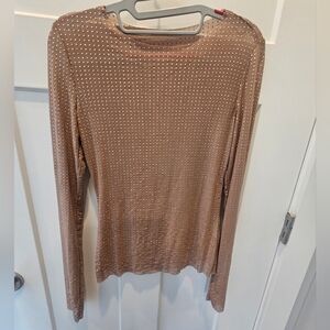 Sheer Taupe Rhinestone Mesh Long Sleeve Top Women’s M Bling Sparkle Stretch Club
